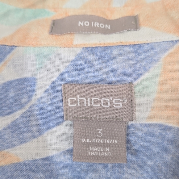 Chico's 100% Linen Leaf Print No Iron Button Up Long Tunic Top, 3 (16/18) - Picture 3 of 5